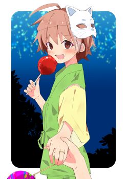 Rule 34 | 1boy, absurdres, aerial fireworks, ahoge, border, brown eyes, brown hair, candy apple, cat mask, commentary request, fireworks, food, green shirt, highres, holding, holding candy apple, holding food, holding hands, japanese clothes, jinbei (clothes), looking at viewer, male focus, mask, mask on head, night, open mouth, original, outdoors, outside border, pikachurin0214, pov, pov hands, shirt, short hair, smile, summer festival, upper body, white border