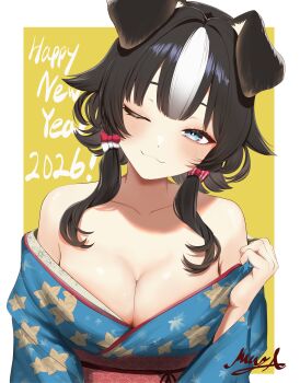 Rule 34 | 1girl, 2026, absurdres, akamiya mumu, animal ears, bare shoulders, bibi biscuit, black hair, blue eyes, blue kimono, bow, breasts, cleavage, closed mouth, collarbone, dog ears, dog girl, hair bow, happy new year, highres, japanese clothes, kimono, leaf print, multicolored hair, new year, obi, off shoulder, one eye closed, phase connect, red bow, sash, shadow, signature, solo, two-tone hair, upper body, virtual youtuber, white bow, white hair