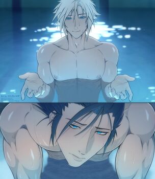 Rule 34 | 2boys, absurdres, aqua eyes, artist name, black hair, blonde hair, cloud strife, derivative work, final fantasy, final fantasy vii, furrowed brow, hair between eyes, highres, i'll teach you everything (chainsaw man), looking at viewer, male focus, medium hair, multiple boys, muscular, muscular male, outstretched arms, partially submerged, pool, short hair, sideburns, smile, topless male, upper body, wet, wilbujoe, yaoi, zack fair