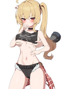 1boy 1girl absurdres ahoge anger_vein black_shirt black_shorts blonde_hair breasts clothes_lift commentary english_commentary highres long_hair looking_at_viewer luciana_de_montefio navel red_eyes shirt shirt_lift short_shorts shorts side_ponytail simple_background small_breasts solo_focus standing stomach underboob w.k white_background zenless_zone_zero