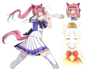 2girls animal_ears back_bow bare_arms bare_shoulders blue_bow blue_bowtie blue_shirt blunt_bangs blush_stickers bow bowtie brooch brown_hat chibi clenched_hands collared_dress commentary cropped_legs cropped_torso determined dress ear_bow ear_covers ear_ribbon english_commentary fighting_stance fingernails floating_hair flying_sweatdrops frilled_skirt frills glowing gold_ship_(red_strife)_(umamusume) gold_ship_(umamusume) hair_between_eyes hair_intakes hairband happy haru_urara_(umamusume) hat high-waist_skirt highres horse_ears horse_girl horse_tail horseshoe_ornament jewelry knees long_hair miniskirt motion_blur motion_lines multiple_girls multiple_views open_mouth pink_eyes pink_hair pink_hairband pink_ribbon pleated_skirt ponytail puffy_short_sleeves puffy_sleeves punching purple_bow red_bow red_bowtie red_dress red_eyes ribbon school_uniform shirt short_sleeves simple_background skirt sleeveless sleeveless_dress sweat tail tareme thighhighs tracen_school_uniform two-tone_shirt umamusume very_long_hair wanderjegson white_background white_bow white_hair white_shirt white_skirt white_thighhighs