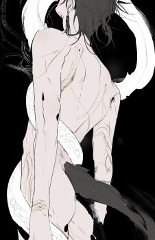1boy arm_tattoo ass back back_tattoo black_background black_hair cheng_xiaoshi commentary_request completely_nude cowboy_shot dragon_boy dragon_tail earrings facing_away foooo_goo from_behind highres jewelry kemonomimi_mode limited_palette male_focus monster_boy nude ponytail scales shiguang_dailiren short_hair short_ponytail simple_background smoke snake snake_bondage solo standing tail tassel tassel_earrings tattoo white_scales white_snake