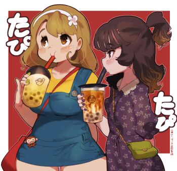 2girls arm_behind_back between_breasts blush border breasts brown_eyes brown_hair bubble_tea character_request copyright_request cup dress drinking drinking_straw flower freckles green_nails hair_flower hair_ornament hairband high_ponytail holding holding_cup large_breasts light_brown_hair long_hair looking_away monkey multiple_girls outline outside_border ponytail red_background sanjiro_(tenshin_anman) small_breasts tareme thick_thighs thighs translation_request upper_body white_border white_outline