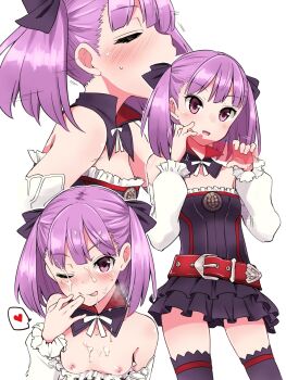 1boy 1girl :d ;p ;q black_dress black_ribbon black_thighhighs blunt_bangs blush boots breasts breasts_out closed_eyes collarbone commentary_request cum cum_on_body cum_on_breasts cum_on_hair cum_on_upper_body dated detached_collar detached_sleeves dress facial fate/grand_order fate_(series) fellatio finger_to_mouth frilled_boots frills fujii_jun hair_ribbon handjob helena_blavatsky_(fate) hetero highres knee_boots kneeling long_sleeves looking_at_viewer motion_lines multiple_views nipples one_eye_closed open_mouth oral penis photoshop_(medium) profile purple_eyes purple_hair ribbon short_dress short_hair simple_background small_breasts smile solo_focus speed_lines strapless strapless_dress sweat thighhighs tongue tongue_out tsurime twitter_username two_side_up v-shaped_eyebrows white_background white_boots white_ribbon white_sleeves zettai_ryouiki