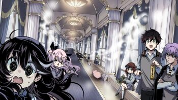 &gt;_&lt; 4boys 6+girls animal banknote black_hair blue_eyes brown_hair closed_eyes closed_mouth commentary cross cross_earrings crossed_arms double-parted_bangs earrings english_commentary grey_sweater_vest hair_between_eyes highres holding holding_money indoors jewelry long_hair looking_at_viewer money multiple_boys multiple_girls open_mouth original pig pink_hair purple_hair ryuuxin sadie_(ryuuxin) short_hair sitting small_sweatdrop smoke sweater_vest yellow_eyes