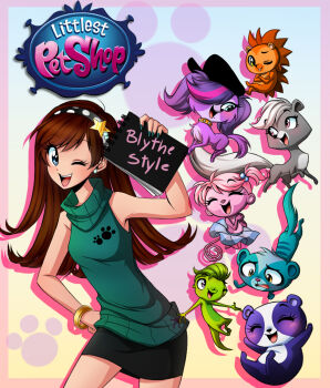 1girl animal animification blue_eyes blythe_baxter brown_hair clothed_animal commentary_request copyright_name cowboy_shot dog hand_on_own_hip hedgehog holding littlest_pet_shop littlest_pet_shop_(2012) lizard logo long_hair minka_mark mongoose monkey one_eye_closed open_mouth panda penny_ling pepper_clark russell_ferguson skunk smile spanish_commentary standing sunil_nevla tatibell vinnie_terrio zoe_trent