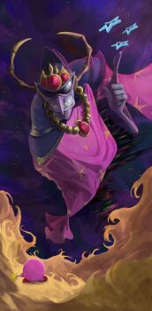 absurdres cape colored_skin highres horns index_finger_raised jewelry kirby kirby&#039;s_adventure kirby_(series) level2_sisters looking_at_another nightmare_(kirby) nintendo pendant pink_skin purple_cape purple_skin sharp_teeth star_(sky) star_(symbol) star_rod sunglasses teeth