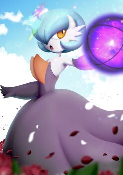 1girl alternate_color arm_up bare_shoulders black_dress black_gloves blue_hair blue_sky blurry blurry_foreground bob_cut cloud colored_skin day dress elbow_gloves emilieink energy_ball female_focus flower gardevoir gen_3_pokemon gloves hair_over_one_eye highres long_dress looking_to_the_side mega_evolution mega_gardevoir mega_pokemon nintendo one_eye_covered open_mouth orange_eyes outdoors petals pokemon pokemon_(creature) pokemon_move red_flower red_rose rose shadow_ball_(pokemon) shiny_pokemon short_hair sky solo standing strapless strapless_dress white_skin