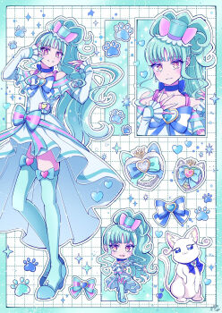 1girl animal_ears aqua_hair aqua_thighhighs bow bowtie cat chibi chibi_inset collarbone commentary cure_lillian dress dress_bow full_body grid_background hat heart high-low_dress high_heels highres long_hair looking_at_viewer magical_girl mini_hat mini_top_hat multiple_views nekoyashiki_mayu nekoyashiki_yuki nekoyashiki_yuki_(cat) off-shoulder_dress off_shoulder precure satowa_(circuit) shiny_cats_pact signature smile thigh_bow thighhighs top_hat upper_body white_cat white_dress wonderful_precure!