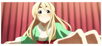 Rule 34 | 1girl, 46 crt, absurdres, blonde hair, blue eyes, blush, border, closed mouth, commentary request, curtains, fur-trimmed kimono, fur trim, green kimono, highres, japanese clothes, k-on!, kimono, kotobuki tsumugi, long hair, smile, solo, stage curtains, sweat, thick eyebrows, white border