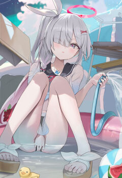 1girl ball beachball between_legs bikini black_bikini black_eyes black_sailor_collar blue_archive bow braid colored_inner_hair grey_hair hair_bow hair_ornament hair_over_one_eye halo hand_between_legs holding holding_hose hose houraku loli long_hair multicolored_hair open_mouth pink_hair plana_(blue_archive) ponytail red_halo red_pupils rubber_duck sailor_bikini sailor_collar shallow_water side_braid single_braid solo swimsuit textless_version two-tone_hair very_long_hair water white_bow x_hair_ornament