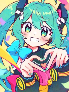1girl ahoge aoiyui bare_shoulders blue_bow blush bow commentary dot_nose double-parted_bangs four-finger_heart_hands frilled_sleeves frills green_hair green_nails grin hair_between_eyes hair_intakes hands_up hatsune_miku heart heart_hands heart_in_heart_hands highres long_hair long_sleeves looking_at_viewer nail_polish pink_bow shirt sleeves_past_wrists smile solo symbol-only_commentary twintails upper_body vocaloid yellow_background yellow_shirt