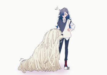Rule 34 | 1girl, aoi tete, artist logo, black pants, closed eyes, closed mouth, dog, dress shirt, earrings, gradient hair, grey hair, grey sweater vest, hair over one eye, highres, hoop earrings, jewelry, komondor, komondor dog owner (wonderful precure), logo, long hair, long sleeves, messy hair, motion lines, multicolored hair, notice lines, pants, petting, precure, red shoes, shirt, shoes, simple background, smile, sneakers, solo, standing, sweater vest, two-tone sweater vest, untucked shirt, white background, white shirt, white sweater vest, wing collar, wonderful precure!