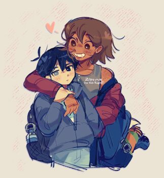 2boys alternate_costume arm_on_another's_shoulder artist_name backpack bag black_bag black_eyes black_hair black_jacket blush bottle bright_pupils brown_eyes brown_hair closed_mouth collarbone commentary dark-skinned_male dark_skin double-parted_bangs english_commentary freckles grey_eyes grey_tank_top grin hair_between_eyes heart heterochromia highres jacket kel_(faraway)_(omori) kel_(omori) long_sleeves looking_at_another looking_at_viewer male_focus multiple_boys omori open_mouth partially_open_jacket partially_unzipped red_jacket short_hair smile spoilers sunny_(omori) tank_top teeth water_bottle watermark white_pupils yaoi zipper zipper_pull_tab zipsunz