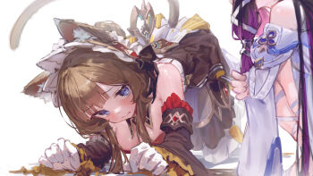 2girls absurdres all_fours animal_ear_fluff animal_ears blue_eyes breasts brown_dress brown_hair cat_ears cat_tail columbina_(genshin_impact) commentary_request detached_sleeves dress genshin_impact gloves highres long_hair looking_at_another medium_breasts multiple_girls purple_hair sandrone_(genshin_impact) squatting tail white_gloves yu_hydra