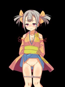 1girl anime_coloring arms_behind_back black_background blue_skirt blush bow breasts cleavage cleft_of_venus closed_mouth clothes_lift collarbone cowboy_shot detached_sleeves game_cg grey_hair hair_between_eyes hair_bow japanese_clothes kimono large_variant_set medium_breasts miniskirt mizuha_(toraware_no_kami-sama) no_pants obi panties pencil_skirt pigeon-toed pussy red_eyes sash short_hair short_kimono shoulder_blush simple_background skirt skirt_lift sleeveless sleeveless_kimono solo standing tachi-e tachinori_buranko thighs toraware_no_kami-sama_to_tabi_no_shoujo twintails underwear v-shaped_eyebrows variant_set wavy_mouth white_panties wide_sleeves yellow_bow yellow_kimono yellow_sash