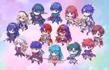 6+boys 6+girls aqua_hair black_hairband blue_cape blue_dress blue_eyes blue_hair blue_headband breasts brown_eyes brown_hair cape celica_(fire_emblem) chibi chibi_only closed_mouth crossed_bangs deformed dress dual_persona eirika_(fire_emblem) falchion_(fire_emblem) female_alear_(fire_emblem) female_corrin_(fire_emblem) fire_emblem fire_emblem:_genealogy_of_the_holy_war fire_emblem:_mystery_of_the_emblem fire_emblem:_radiant_dawn fire_emblem:_the_binding_blade fire_emblem:_the_blazing_blade fire_emblem:_the_sacred_stones fire_emblem:_three_houses fire_emblem_awakening fire_emblem_echoes:_shadows_of_valentia fire_emblem_engage fire_emblem_fates fushigi_ebi green_eyes green_hair hairband headband heterochromia highres holding holding_behind_back holding_sword holding_sword_behind_back holding_weapon holding_weapon_behind_back horse horseback_riding ike_(fire_emblem) leif_(fire_emblem) long_hair long_sleeves lucina_(fire_emblem) lyn_(fire_emblem) male_alear_(fire_emblem) male_byleth_(fire_emblem) marth_(fire_emblem) micaiah_(fire_emblem) multicolored_hair multiple_boys multiple_girls nintendo orange_hair ponytail red_eyes red_hair riding roy_(fire_emblem) short_hair sigurd_(fire_emblem) smile split-color_hair sword sword_of_the_creator tiara two-tone_hair very_long_hair weapon yellow_eyes