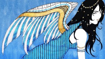 Rule 34 | 1girl, armlet, artist name, bare shoulders, bead armlet, beads, black hair, black shirt, blue background, blue cardigan, breasts, brown eyes, cardigan, closed mouth, commentary, final fantasy, final fantasy viii, hair beads, hair ornament, highres, jewelry, leaning forward, long hair, medium breasts, rinoa heartilly, serinigalini, shirt, skirt, sleeveless, sleeveless shirt, solo, sparkle, upper body, white skirt, wings