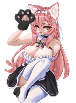Rule 34 | 1girl, absurdres, animal ear fluff, animal ears, apron, braid, breasts, brown eyes, cat ears, cat fantasy, cat girl, cleavage, collar, dress, gloves, hair ornament, heart, heart hair ornament, highres, large breasts, long hair, looking at viewer, maid, maid apron, maid headdress, mandy (cat fantasy), open mouth, paw gloves, pink hair, ribbon, sitting, takie arts, thighhighs, very long hair, white background