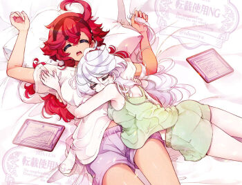 2girls alternate_costume boxer closed_eyes commentary_request dark-skinned_female dark_skin feet_out_of_frame green_shirt gundam gundam_suisei_no_majo izumiya_otoha long_hair long_sleeves lying miorine_rembran multiple_girls on_bed open_mouth pale_skin paper red_hair shirt sleeping suletta_mercury teeth upper_teeth_only watermark white_hair white_shirt yuri