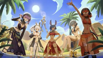 5girls :d animal_ears aqua_eyes arm_up au_ra barefoot black_hair blue_eyes blue_sky bow bracelet breast_curtains breasts brown_eyes cloud commentary commission dark-skinned_female dark_skin day english_commentary final_fantasy final_fantasy_xiv glasses grey_hair hand_on_own_hip highres holding holding_staff jewelry large_breasts leg_tattoo looking_at_viewer medium_breasts midriff multicolored_hair multiple_girls navel oasis open_mouth outdoors palm_tree pelvic_curtain pink_eyes pointy_ears ponytail purple_hair red_hair round_eyewear scales sitting sky slit_pupils smile staff stomach sun tail tail_bow tail_ornament tattoo thighlet tostantan tree two-tone_hair wading waist_cape water white_hair yellow_bow