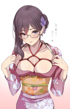 1girl absurdres bdsm breasts cleavage floral_print floral_print_kimono glasses gradient_background grey-framed_eyewear hair_ornament head_tilt heart highres idolmaster japanese_clothes kimono long_hair looking_at_viewer murabito_c obi print_kimono purple_eyes purple_hair sash simple_background solo yagami_makino