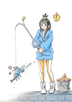 ! 1girl black_hair blue_hoodie blush bucket clawitzer cube_hair_ornament earclip fishing fishing_rod gen_1_pokemon gen_6_pokemon hair_ornament highres holding holding_fishing_rod hood hood_down hoodie jacket leggings lida_(pokemon) lobster long_hair long_sleeves nemimin nintendo orange_leggings pokemon pokemon_(creature) pokemon_legends:_z-a ribbed_socks shirt shoes socks staryu topknot two-tone_legwear white_leggings wispy_bangs
