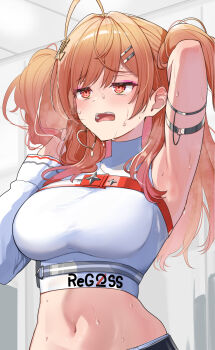 1girl ahoge armpits breasts commentary_request hair_ornament hairclip highres hololive hololive_dev_is ichijou_ririka ichijou_ririka_(regloss_uniform) indoors large_breasts long_hair midriff navel open_mouth orange_hair red_eyes solo sweat virtual_youtuber yuuzuki_(re&#039;ef)