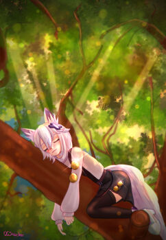 1girl :3 =_= absurdres animal_ear_fluff animal_ears artist_name belt black_skirt black_thighhighs blush brown_belt buttons cat_ears cat_girl cat_tail closed_eyes commentary drooling english_commentary filian_(vtuber) glint hair_between_eyes hair_ornament highres in_tree indie_virtual_youtuber light_rays long_sleeves mint_(vrchat) ocsnacker saliva shoes skirt sleeping solo tail thighhighs tree virtual_youtuber white_shoes