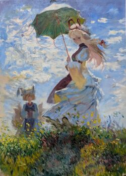 2girls animal_ears blonde_hair blue_tabard bow cloud commentary dress english_commentary fox_ears fox_girl full_body grass hands_in_opposite_sleeves hat hat_ribbon highres holding holding_umbrella juliet_sleeves kitsune kyuubi long_dress long_hair long_sleeves medium_hair mob_cap multiple_girls multiple_tails oil_painting_(medium) outdoors painting_(medium) parasol puffy_sleeves red_bow red_ribbon ribbon sky standing tabard tail touhou traditional_media umbrella white_dress white_hat wind yakumo_ran yakumo_yukari yuuren_kyouko