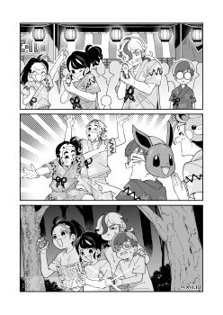 1boy 4girls absurdres age_difference ahoge aiming alternate_hairstyle arm_above_head arm_up arven_(pokemon) black_hair blue_hair breasts brown_eyes brown_hair clenched_hands clenched_teeth closed_eyes comic eevee eyelashes finger_on_trigger fingernails fireworks flat_chest freckles friends gen_1_pokemon glasses gun hair_over_one_eye hands_up happy height_difference highres japanese_clothes jinbei_(clothes) juliana_(pokemon) laughing legs long_hair looking_at_viewer mask mask_on_head matching_hair/eyes medium_breasts monochrome multicolored_hair multiple_girls neck nemona_(pokemon) nintendo noh_mask official_alternate_costume one_eye_closed open_mouth parted_bangs parted_lips pawmot penny_(pokemon) pointing pointing_at_viewer pokemon pokemon_sv ponytail profile red_hair sakake_asobi scared short_hair short_sleeves shotgun side_ponytail sidelocks smile standing summer summer_festival swept_bangs teeth toy_gun traditional_clothes two-tone_hair weapon