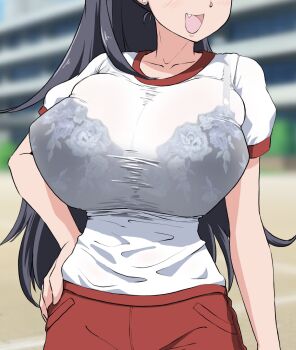 1girl alternate_breast_size_(larger) black_hair blurry blurry_background bra_visible_through_clothes breasts bursting_breasts commentary_request day eyes_out_of_frame fang ganaha_hibiki hand_on_own_hip head_out_of_frame highres huge_breasts idolmaster idolmaster_(classic) long_hair open_mouth outdoors ponytail red_shorts see-through_clothes shirt short_sleeves shorts skindentation smile solo standing the_end_of_chun undersized_breast_cup undersized_clothes white_shirt