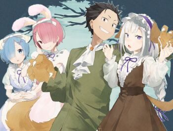 1boy 3girls 8_humi alternate_costume animal_ears animal_hands black_hair blue_eyes blue_hair braid dog_ears dog_tail dress emilia_(re:zero) fake_animal_ears gloves grey_hair grin hair_ornament hair_over_one_eye highres long_hair long_sleeves looking_at_viewer maid multiple_girls natsuki_subaru open_mouth own_hands_together paw_gloves pink_eyes pink_hair purple_eyes purple_ribbon rabbit_ears ram_(re:zero) re:zero_kara_hajimeru_isekai_seikatsu rem_(re:zero) ribbon short_hair siblings sisters smile tail twins x_hair_ornament