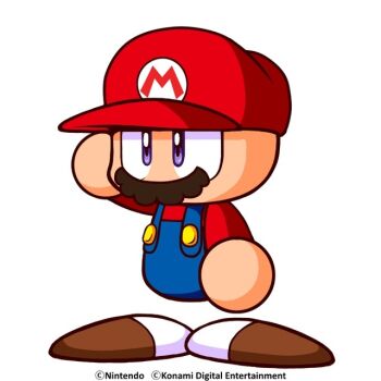 1boy artist_request blue_overalls brown_shoes copyright_notice cosplay crossover fake_facial_hair fake_mustache hat jikkyou_powerful_pro_yakyuu jikkyou_powerful_pro_yakyuu_(style) mario mario_(cosplay) mario_(series) multicolored_shoes nintendo no_mouth official_art overalls power_pro_kun purple_eyes rayman_limbs red_hat red_shirt second-party_source shirt shoes solo two-tone_shoes white_background white_shoes