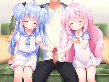 2girls ^_^ ahoge black_pants blue_bow blue_hair blue_necktie blue_sailor_collar blush bow bowtie buttons censored closed_eyes closed_mouth collarbone cooperative_handjob couch double_bun erection feet_out_of_frame game_cg hair_bow hair_bun hand_up handjob harem_futago_lolita head_out_of_frame hetero large_variant_set loli long_hair mosaic_censoring multiple_girls necktie non-web_source pants penis pillow pink_hair pleated_skirt sailor_collar shirt short_sleeves siblings sisters sitting skirt smile sunao_(harem_futago_lolita) teamwork_(sexual) tomari_(harem_futago_lolita) twins usashiro_mani variant_set white_shirt white_skirt yellow_bow yellow_bowtie