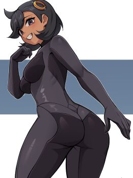 1girl ass black_bodysuit black_eyes black_hair blush bodysuit breasts commentary cowboy_shot dark-skinned_female dark_skin emma_(pokemon) english_commentary from_behind grin hair_ornament hand_up highres looking_at_viewer looking_back medium_breasts nintendo oninuer parted_bangs pokemon pokemon_legends:_z-a short_hair smile solo standing