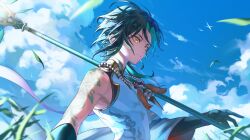 Rule 34 | 1boy, absurdres, aqua hair, arm tattoo, blue gloves, blue hair, blue sky, closed mouth, cloud, cloudy sky, day, detached sleeves, eyeshadow, facial mark, forehead mark, genshin impact, gloves, gold trim, grass, hand up, highres, holding, holding weapon, jewelry, koujisako, long sleeves, looking to the side, makeup, male focus, mandarin collar, multicolored hair, necklace, outdoors, pearl necklace, primordial jade winged-spear (genshin impact), red eyeshadow, shirt, short hair, single bare shoulder, single detached sleeve, sky, sleeveless, sleeveless shirt, solo, standing, tassel, tattoo, two-tone hair, v-shaped eyebrows, weapon, white shirt, wide sleeves, xiao (genshin impact), yellow eyes