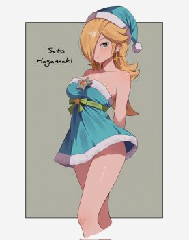 1girl bare_shoulders blonde_hair blue_dress blue_eyes blue_hat blush bow breasts brooch collarbone dress earrings fur-trimmed_dress fur-trimmed_headwear fur_trim green_bow green_ribbon hair_over_one_eye hat highres jewelry long_hair looking_at_viewer mario_(series) medium_breasts nintendo ribbon rosalina santa_costume santa_dress santa_hat sato_hagamaki solo star_(symbol) star_brooch star_earrings strapless strapless_dress