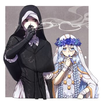 2girls black_capelet blood blood_on_face blue_eyes braid capelet commentary_request doll_joints donar0217 dress elden_ring elden_ring_nightreign flower_wreath gloves head_wreath holding hood jewelry joints korean_commentary long_hair low_twin_braids multiple_girls necklace nun revenant_(elden_ring) smoking twin_braids undertaker_(elden_ring) veil white_dress white_hair white_veil