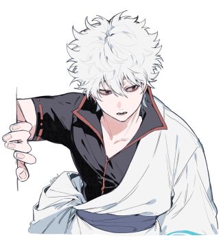 1boy arm_up black_shirt collarbone collared_shirt commentary gintama hadanugi_dousa hair_between_eyes highres ikaooi1 japanese_clothes kimono looking_to_the_side male_focus open_collar open_kimono open_mouth parted_hair red_trim sakata_gintoki shirt short_hair short_sleeves solo symbol-only_commentary upper_body white_background white_hair white_kimono