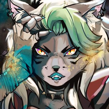 1girl album_cover album_cover_redraw animal_ear_fluff animal_ears animal_nose claws close-up collar commentary cover derivative_work english_commentary fangs five_nights_at_freddy's five_nights_at_freddy's:_security_breach furry furry_female green_hair grey_hair highres kesha_rose_sebert lips long_hair looking_at_viewer multicolored_hair parody portrait roxanne_wolf slit_pupils solo spiked_collar spikes spybblez streaked_hair two-tone_hair wolf_ears wolf_girl yellow_eyes