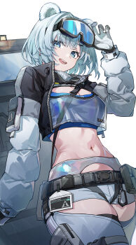 1girl absurdres animal_ears arknights arknights:_endfield aurora_(arknights) bear_ears bear_girl belt belt_pouch black_belt black_gloves black_jacket blue_eyes blue_sports_bra breasts cleavage clothing_cutout commentary_request crop_top cropped_jacket gloves goggles goggles_on_head highres holding holding_shield hongchamashu jacket large_breasts long_sleeves looking_at_viewer midriff multicolored_gloves multicolored_jacket navel open_clothes open_jacket open_mouth pouch puffy_long_sleeves puffy_sleeves shield short_hair short_shorts shorts simple_background ski_goggles skindentation smile snowshine_(arknights) solo sports_bra stomach teeth thigh_cutout thighs two-tone_gloves utility_belt white_background white_gloves white_hair white_shorts white_sleeves