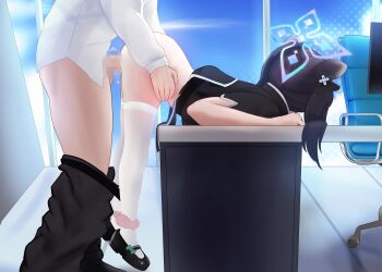 1boy 1girl black_dress blue_archive china_dress chinese_clothes clothed_sex dress halo highres indoors loafers loli long_hair rancidronin sex shirt shoes shun_(blue_archive) shun_(small)_(blue_archive) thighhighs twintails white_shirt white_thighhighs