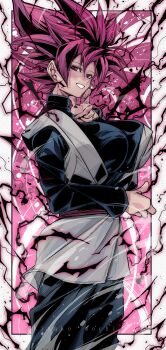 1girl absurdres belt black_pants black_shirt blush breasts darkness dougi dragon_ball dragon_ball_super earrings electricity genderswap genderswap_(mtf) goku_black grey_jacket grin highres jacket jewelry kinakomochi_(user_vedc2333) large_breasts looking_at_viewer pants pink_background pink_belt pink_eyes pink_hair potara_earrings saiyan shirt short_hair single_earring sleeveless sleeveless_jacket smile spiked_hair standing super_saiyan super_saiyan_rose teeth