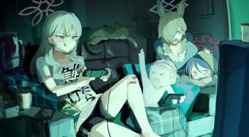 1girl 3girls absurdres animal_ear_fluff animal_ears blonde_hair blue_archive blue_eyes blue_hair breasts cat controller couch dog_ears fubuki_(blue_archive) game_controller grey_eyes grey_hair gurenola hair_over_one_eye halo highres holding holding_controller holding_game_controller kanna_(blue_archive) konoka_(blue_archive) long_hair mask mouth_mask multicolored_hair multiple_girls playing_games red_eyes shirt television