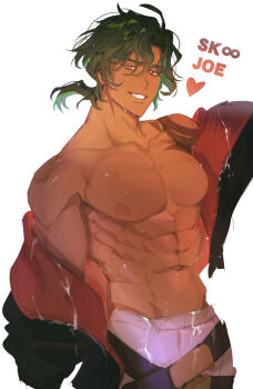 1boy abs arm_tattoo bara bare_pectorals belt biceps brant0815 green_eyes heart jacket joe_(sk8) large_pectorals looking_at_viewer male_focus manly muscular muscular_arms muscular_male navel nipples open_clothes open_jacket pants pectorals red_eyes sk8_the_infinity smile solo tattoo wet wet_clothes yaoi