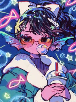 1girl black_eyes blowing_bubble_gum blue_coat blue_hair bow chewing_gum coat commentary_request cup disposable_cup fins fur-trimmed_coat fur_trim hair_bow head_fins highres holding holding_cup long_hair long_sleeves looking_at_viewer okubatomaeba orange-tinted_eyewear original solo star_(symbol) sunglasses swept_bangs tinted_eyewear upper_body white_bow