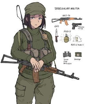 1girl absurdres ak-74 aks-74 ammunition_pouch assault_rifle bayonet binoculars black_hair breasts chest_rig closed_mouth combat_knife commentary_request cowboy_shot cross english_text equipment_layout explosive field_cap first_aid_kit green_hat green_pants green_sweater grenade grey_eyes gun gun_sling handgun hat highres kalashnikov_rifle knife long_sleeves looking_at_viewer medium_breasts original pants pocket pouch red_cross rgd-5 rifle short_hair simple_background smoke_grenade solo sweater tokarev_tt-33 tozaumo turtleneck turtleneck_sweater weapon weapon_name white_background