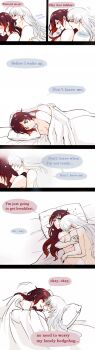 2girls bed blush breasts comic english_text closed_eyes hickey highres hug kuma_(bloodycolor) long_hair lying multiple_girls nude aged_up red_hair ruby_rose rwby weiss_schnee white_hair x-ray yuri