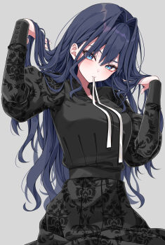 1girl absurdres black_dress blue_eyes blue_hair commentary dress embroidered_dress fanged_bangs grey_background hair_down hair_intakes hand_in_own_hair hands_up highres hololive hololive_english long_hair looking_at_viewer mogu_(au1127) mouth_hold official_alternate_costume open_mouth ouro_kronii ouro_kronii_(maid) pleated_dress ribbon ribbon_in_mouth simple_background solo virtual_youtuber